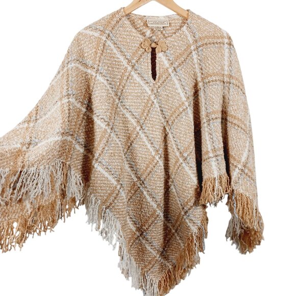 Boyne Valley Weavers, Hand Crafted Ireland, Tan Plaid Poncho, Wool Blend, O/S - Picture 6 of 11
